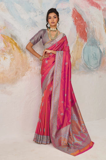 Faddism Kanjivaram Tanchoi 02 Pink Pure Kanjivaram Weaving Silk Saree