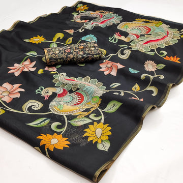 Faddism Kazari Chanderi Linen Kalamkari Print Saree with Weaving Border