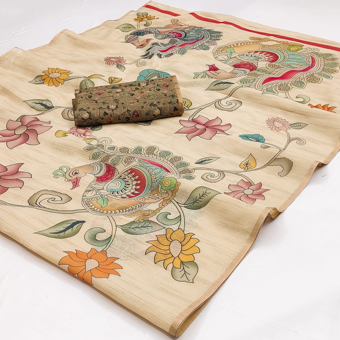 Faddism Kazari Chanderi Linen Kalamkari Print Saree with Weaving Border