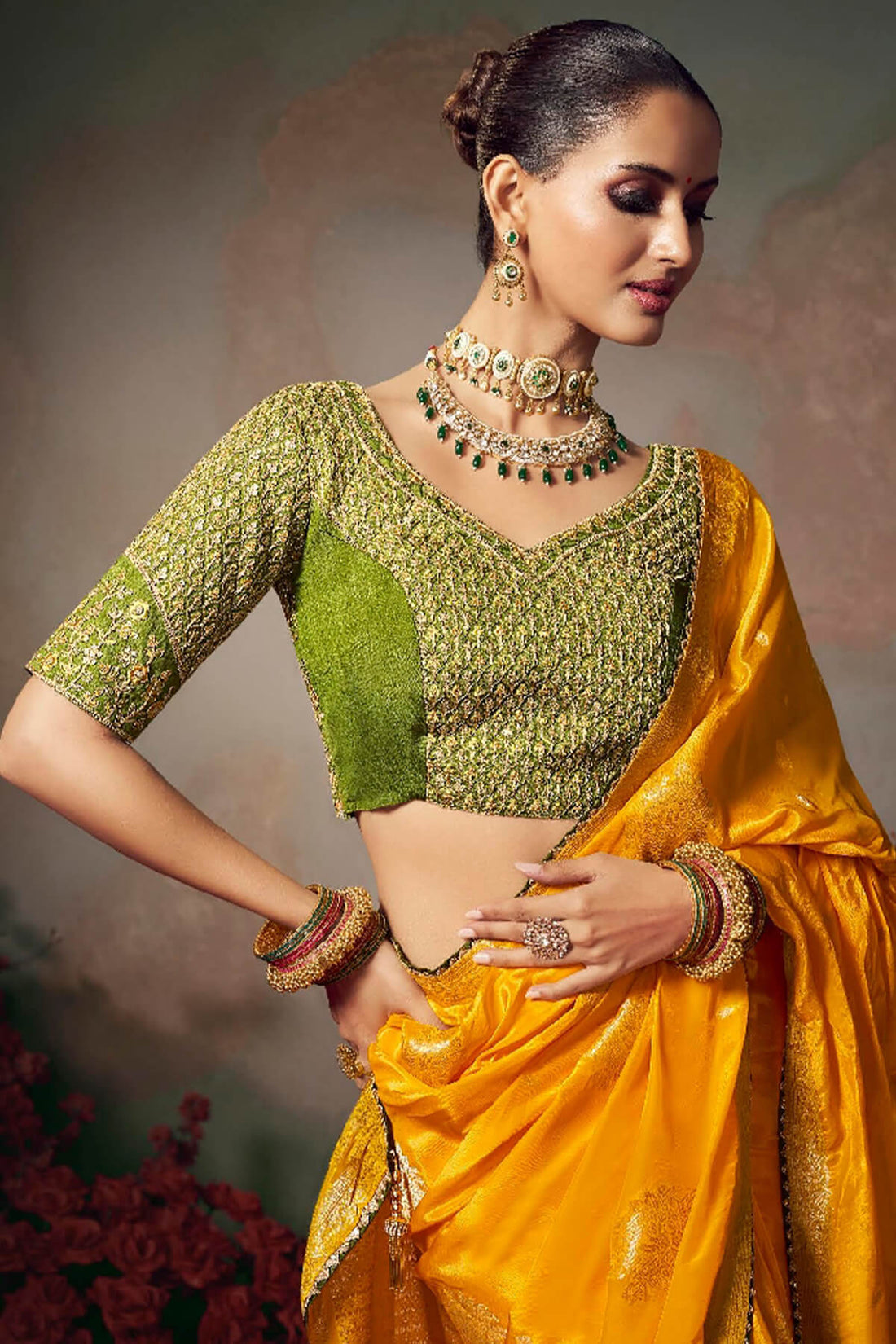Faddism Kamini Yellow Silk Saree with Lace Border and Heavy Embroidered Blouse