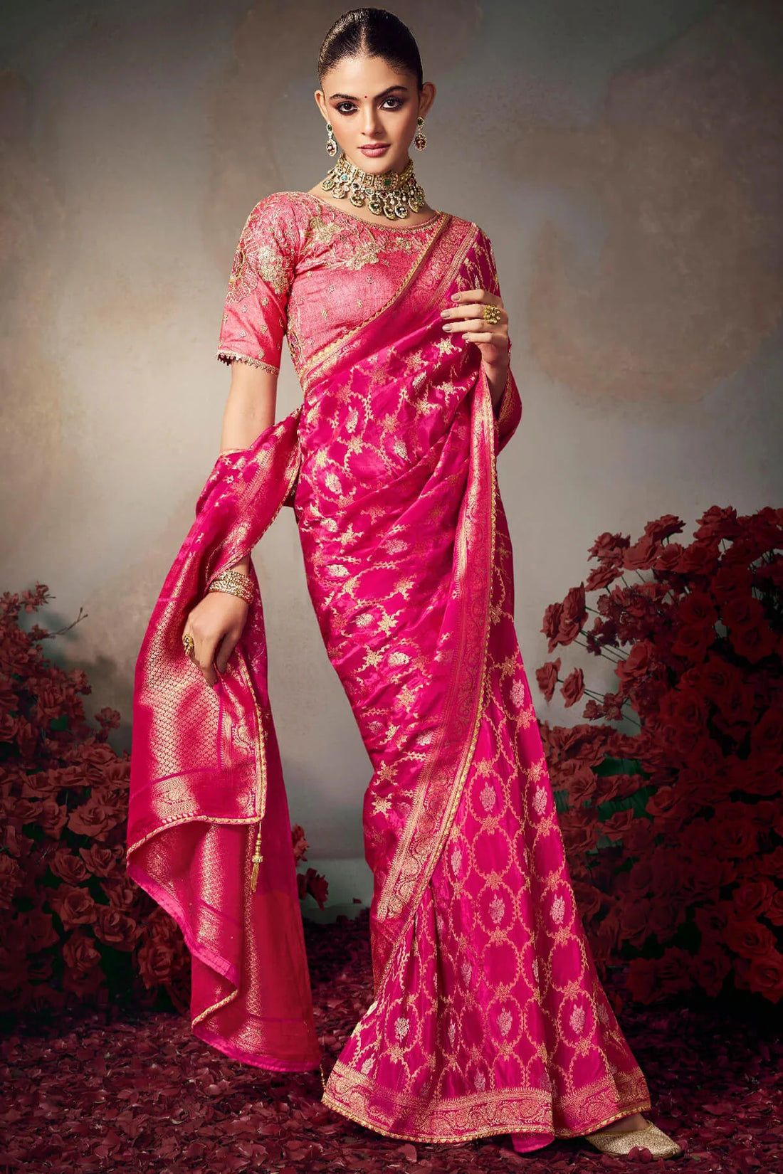 Faddism Kamini Dark Pink Silk Saree with Lace Border and Heavy Embroidered Blouse