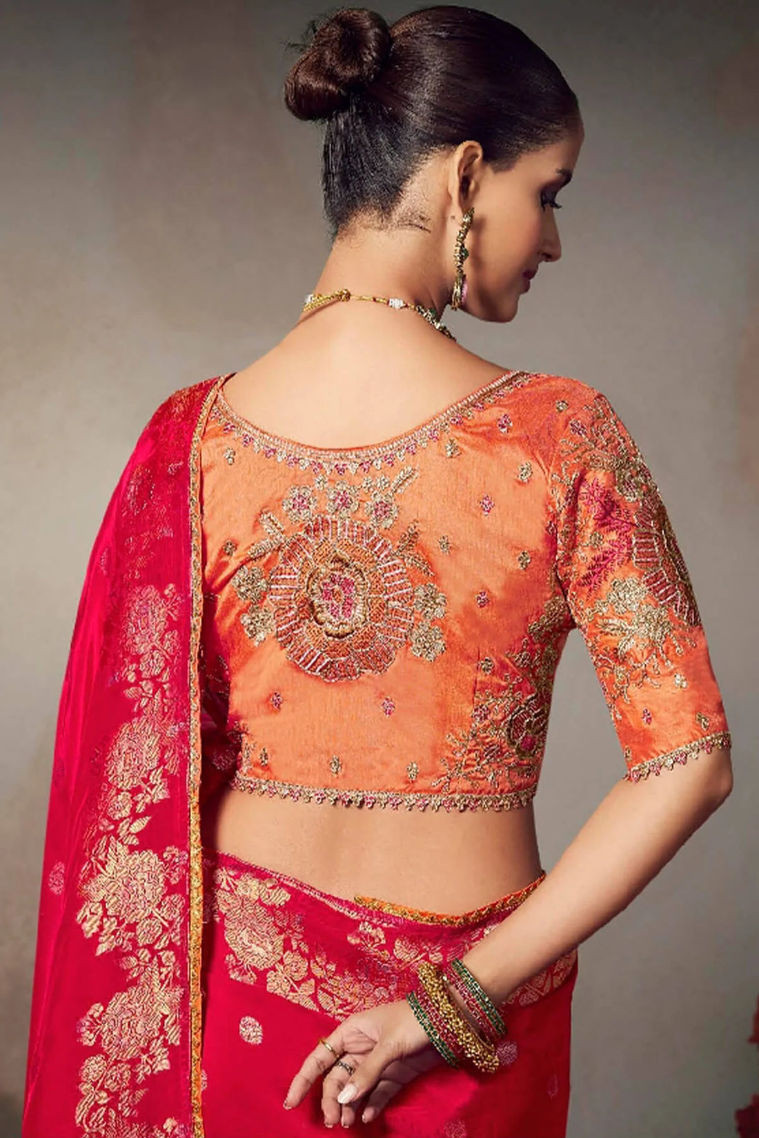 Faddism Kamini Red Silk Saree with Lace Border and Heavy Embroidered Blouse
