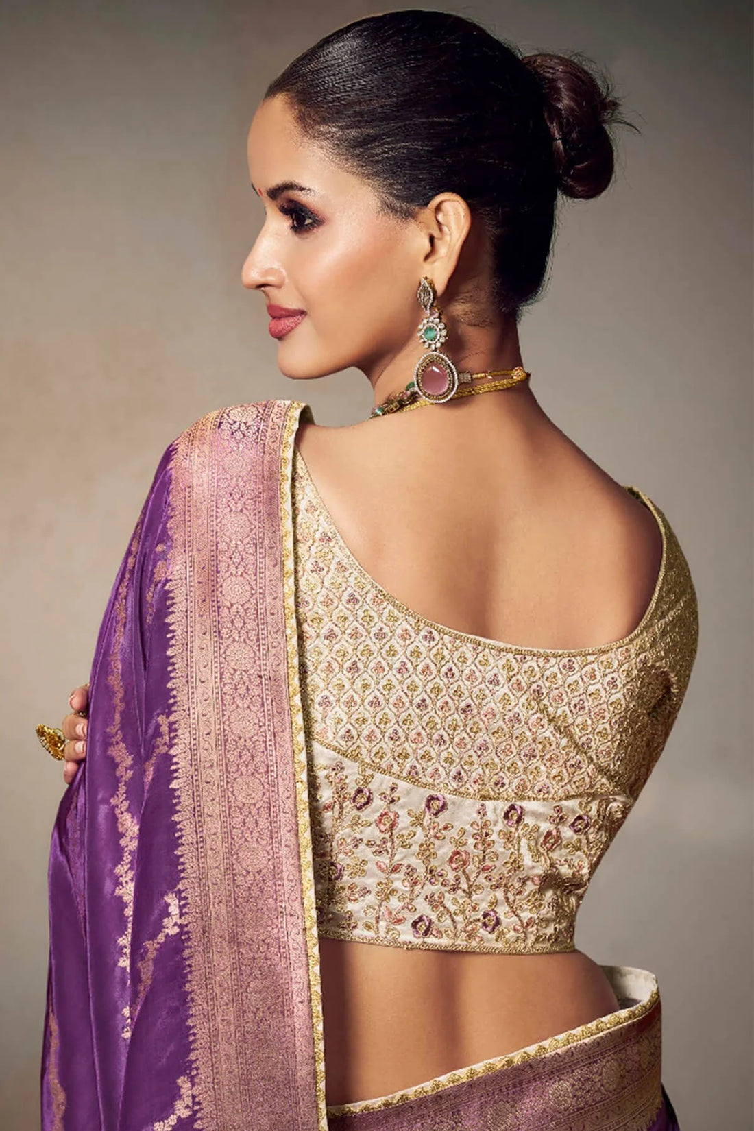 Faddism Kamini Purple Silk Saree with Lace Border and Heavy Embroidered Blouse
