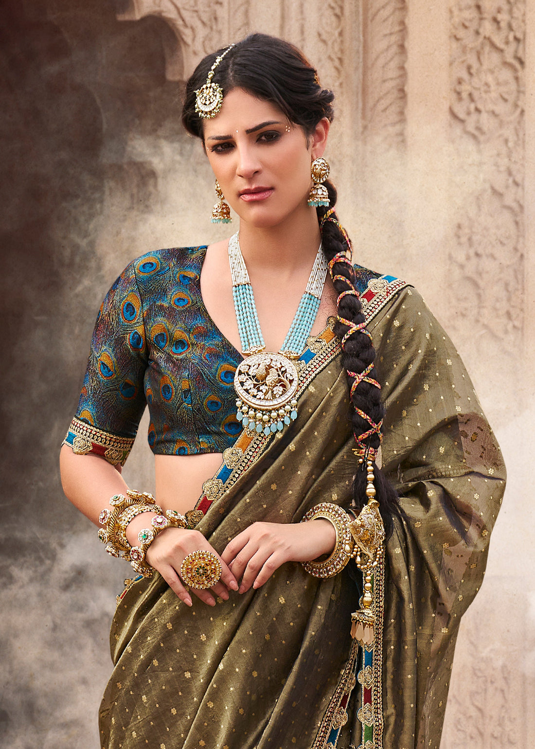 Faddism Kira Kavyasachi Avocado Green Pure Tissue Saree with Designer Blouse