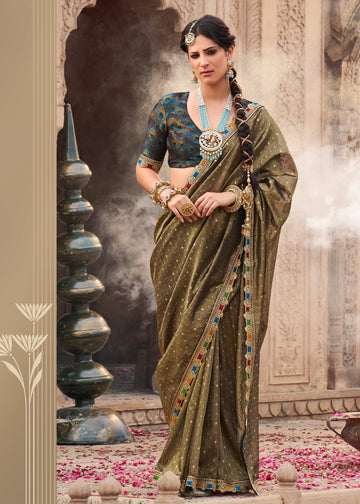 Faddism Kira Kavyasachi Avocado Green Pure Tissue Saree with Designer Blouse