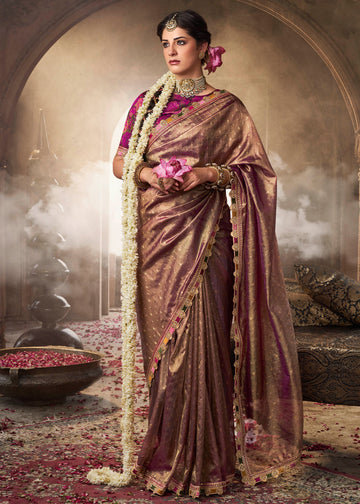 Faddism Kira Kavyasachi Cocoa Brown Pure Tissue Saree with Designer Blouse