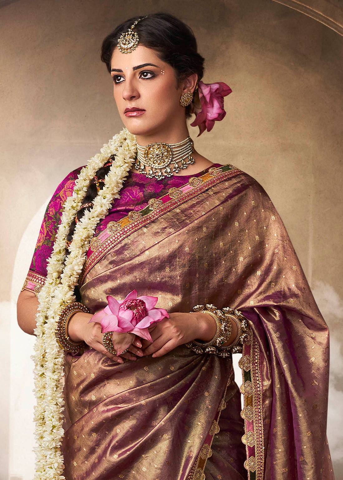 Faddism Kira Kavyasachi Cocoa Brown Pure Tissue Saree with Designer Blouse
