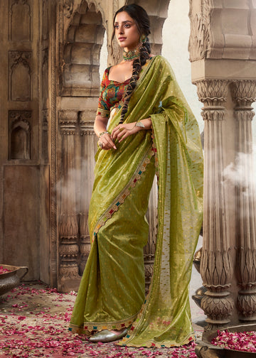 Faddism Kira Kavyasachi Glow Green Pure Tissue Saree with Designer Blouse