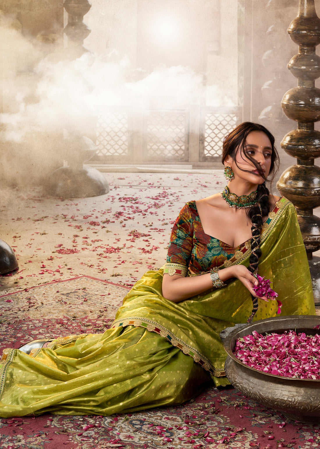 Faddism Kira Kavyasachi Glow Green Pure Tissue Saree with Designer Blouse