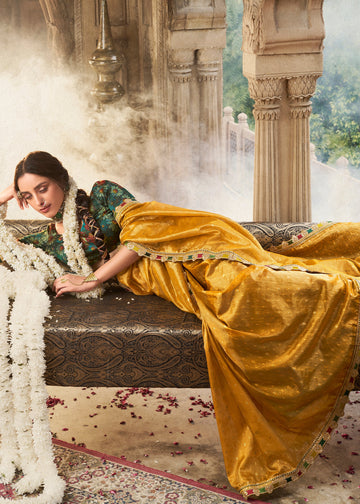Faddism Kira Kavyasachi Golden Yellow Pure Tissue Saree with Designer Blouse