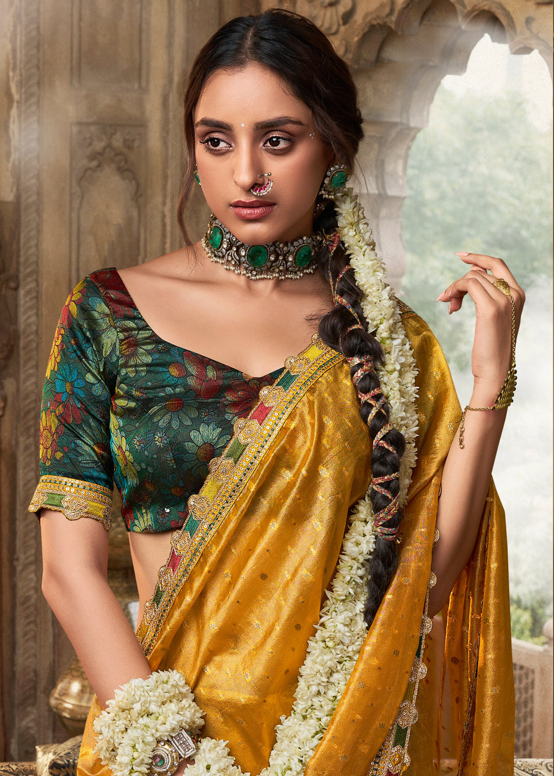 Faddism Kira Kavyasachi Golden Yellow Pure Tissue Saree with Designer Blouse