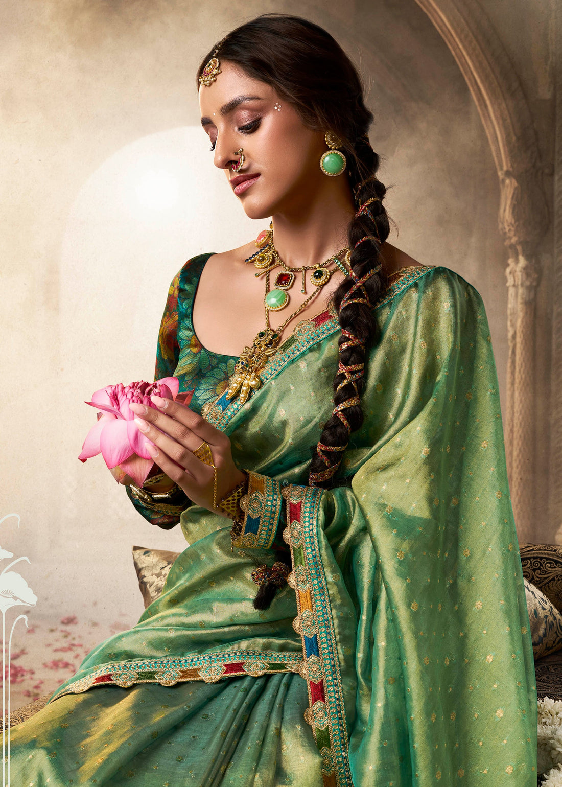 Faddism Kira Kavyasachi Piquant Green Pure Tissue Saree with Designer Blouse