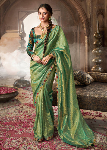 Faddism Kira Kavyasachi Piquant Green Pure Tissue Saree with Designer Blouse