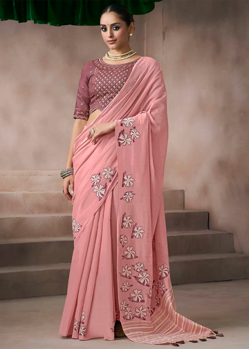 Faddism Kora Silk Blush Pink  Viscose Cotton Saree with Fancy Work Blouse