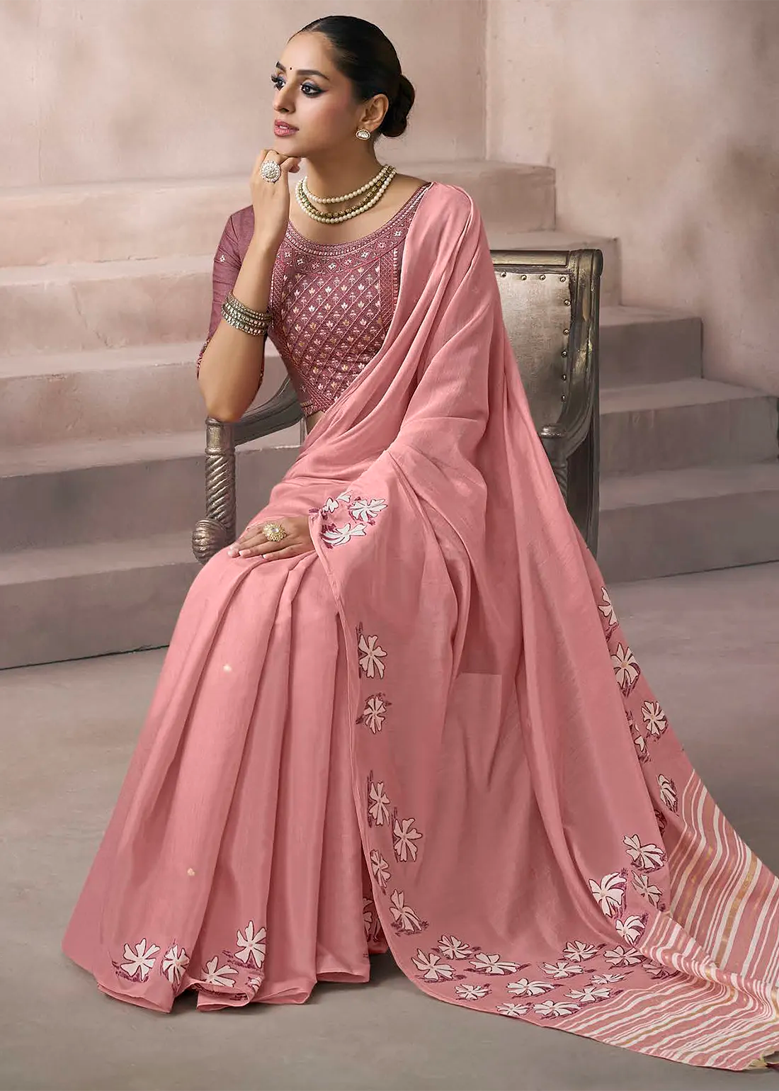 Faddism Kora Silk Blush Pink  Viscose Cotton Saree with Fancy Work Blouse