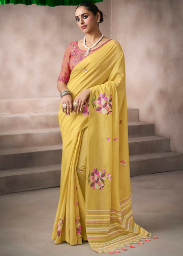 Faddism Kora Silk Blush Yellow Viscose Cotton Saree with Fancy Work Blouse