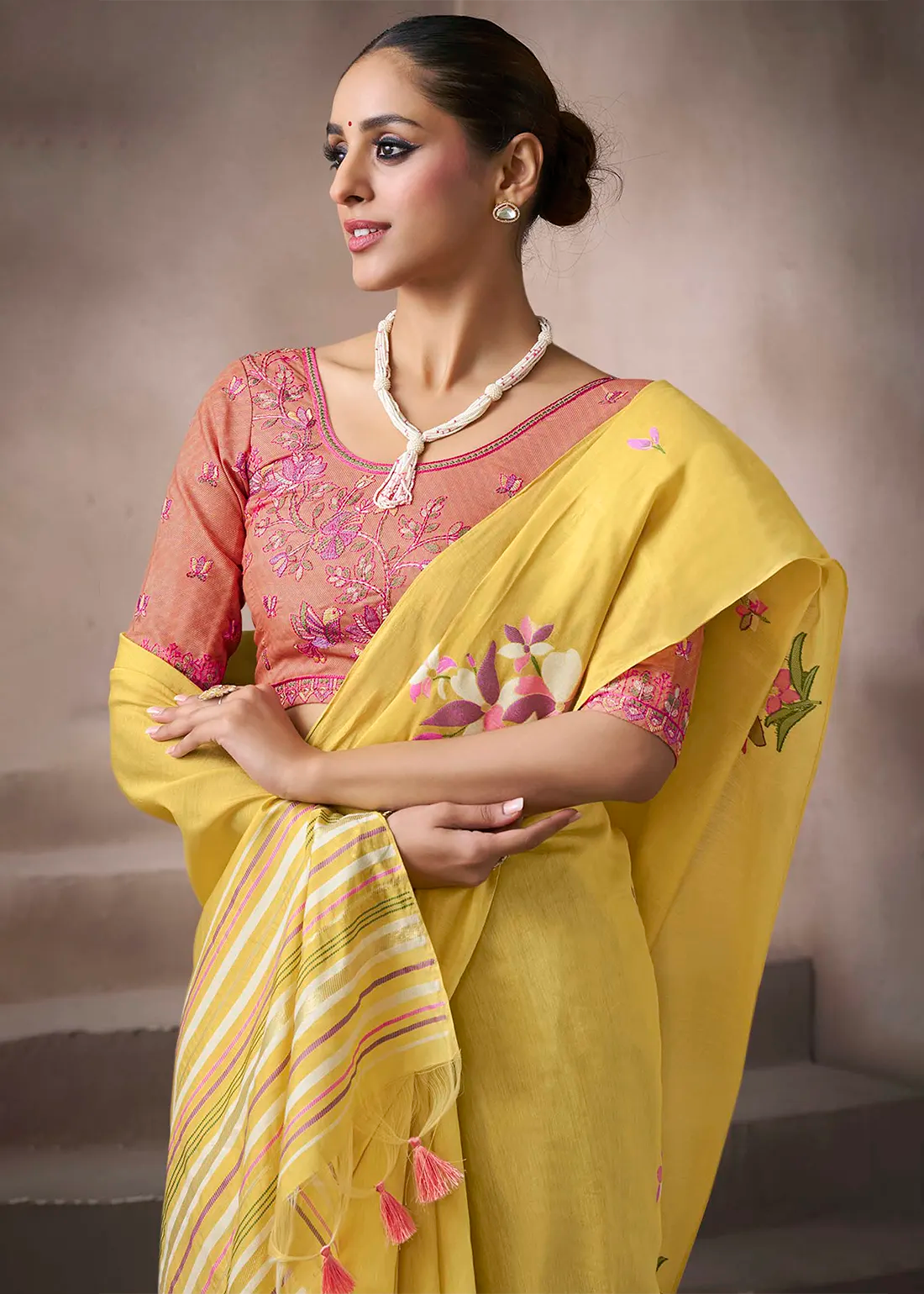 Faddism Kora Silk Blush Yellow Viscose Cotton Saree with Fancy Work Blouse