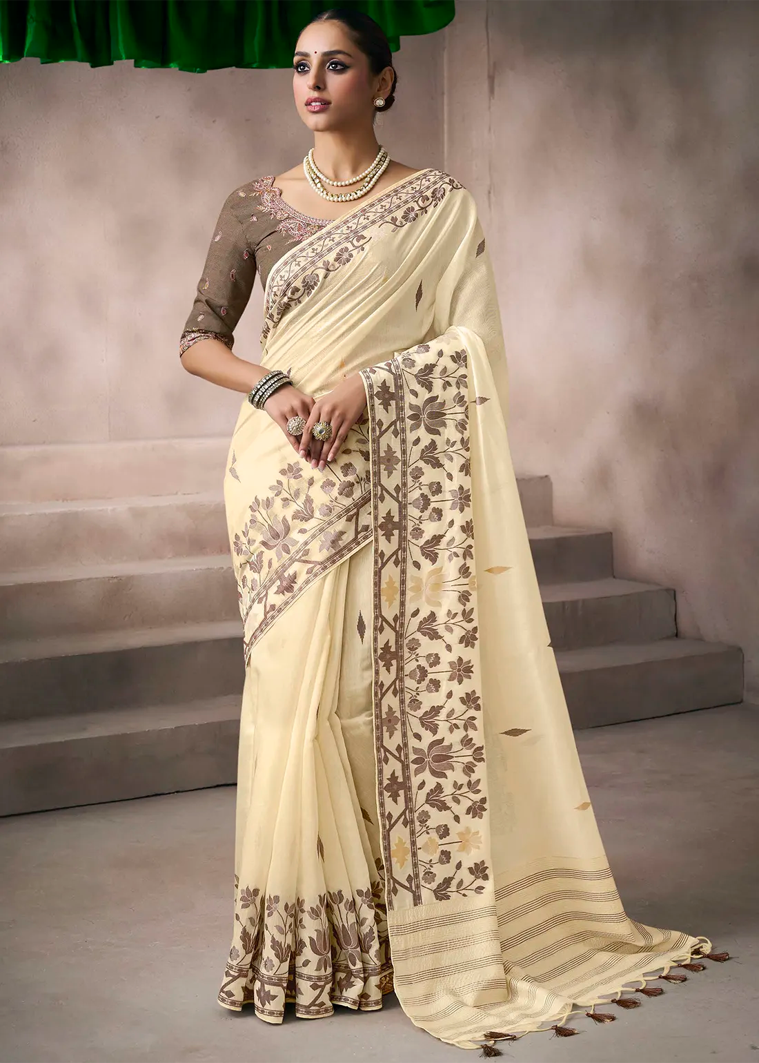 Faddism Kora Silk Cream Viscose Cotton Saree with Fancy Work Blouse
