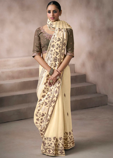 Faddism Kora Silk Cream Viscose Cotton Saree with Fancy Work Blouse