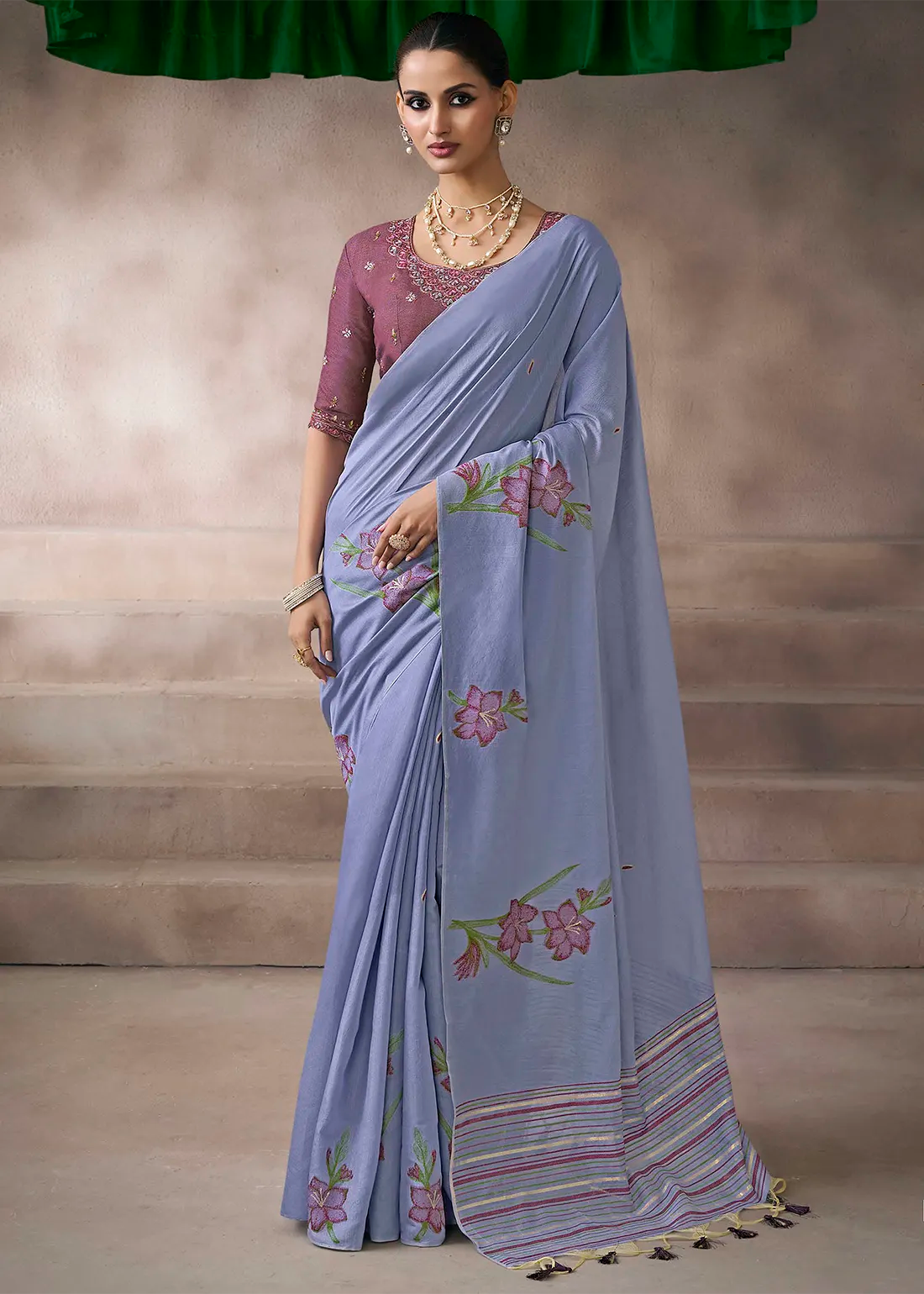 Faddism Kora Silk Lavender  Viscose Cotton Saree with Fancy Work Blouse