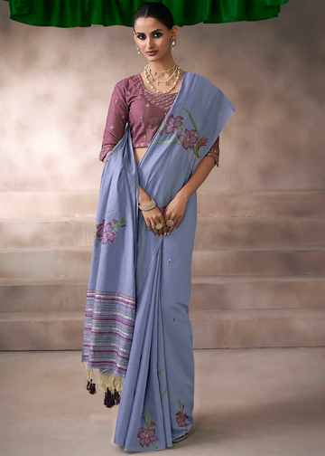 Faddism Kora Silk Lavender  Viscose Cotton Saree with Fancy Work Blouse