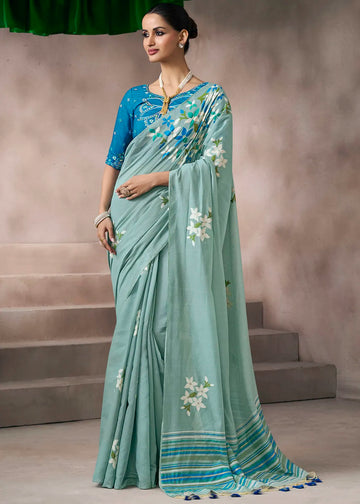 Faddism Kora Silk Mint Green Viscose Cotton Saree with Fancy Work Blouse