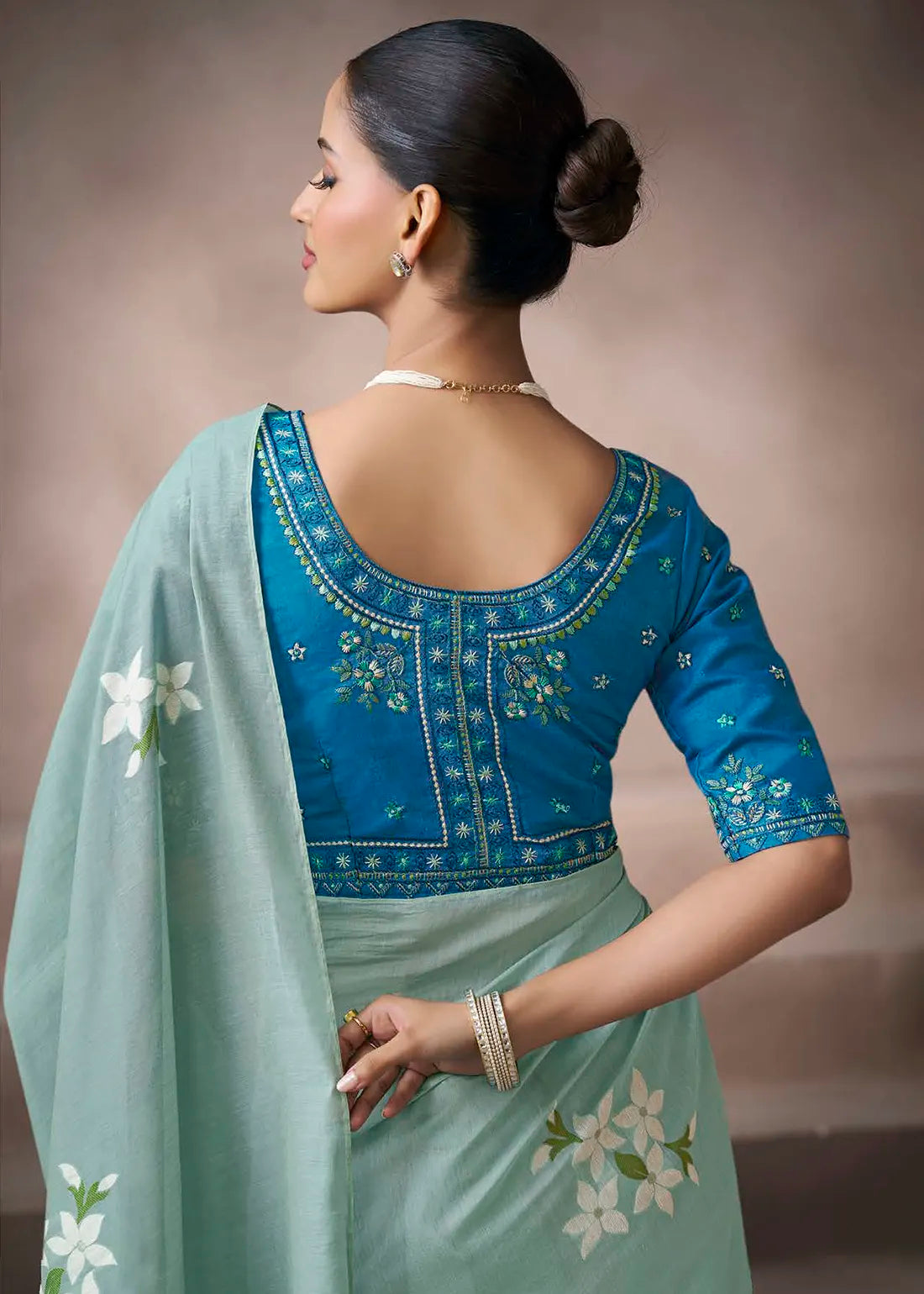 Faddism Kora Silk Mint Green Viscose Cotton Saree with Fancy Work Blouse