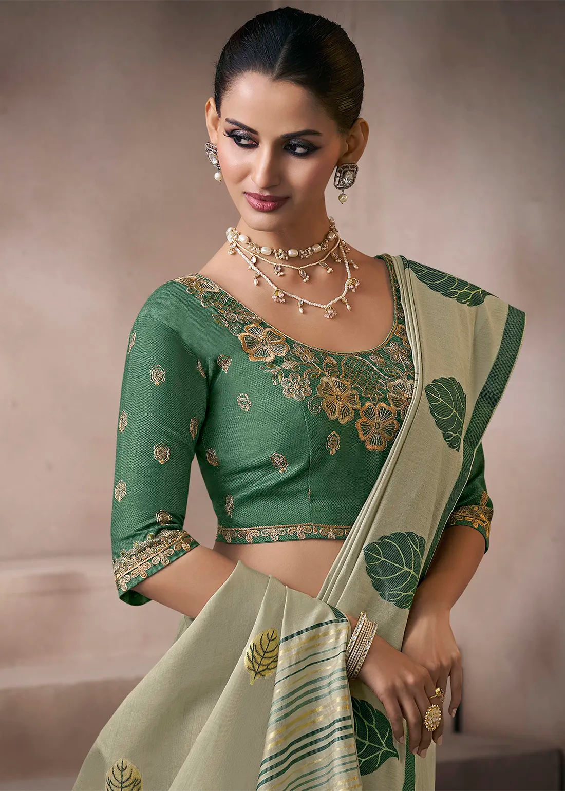 Faddism Kora Silk Sage Green Viscose Cotton Saree with Fancy Work Blouse