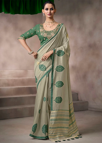 Faddism Kora Silk Sage Green Viscose Cotton Saree with Fancy Work Blouse