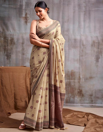 Faddism Beige Kumud Modal Cotton Saree