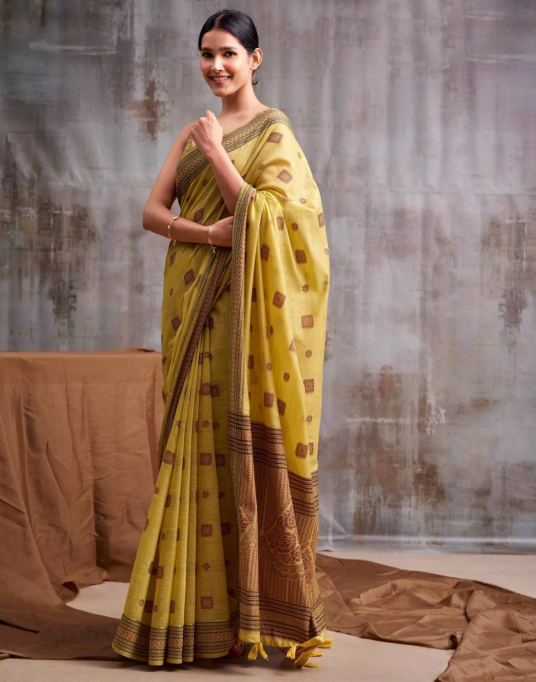 Faddism Yellow Kumud Modal Cotton Saree
