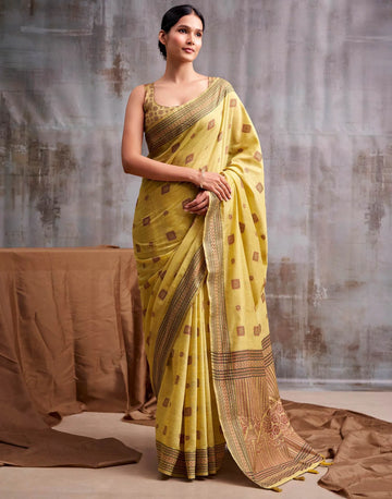 Faddism Yellow Kumud Modal Cotton Saree