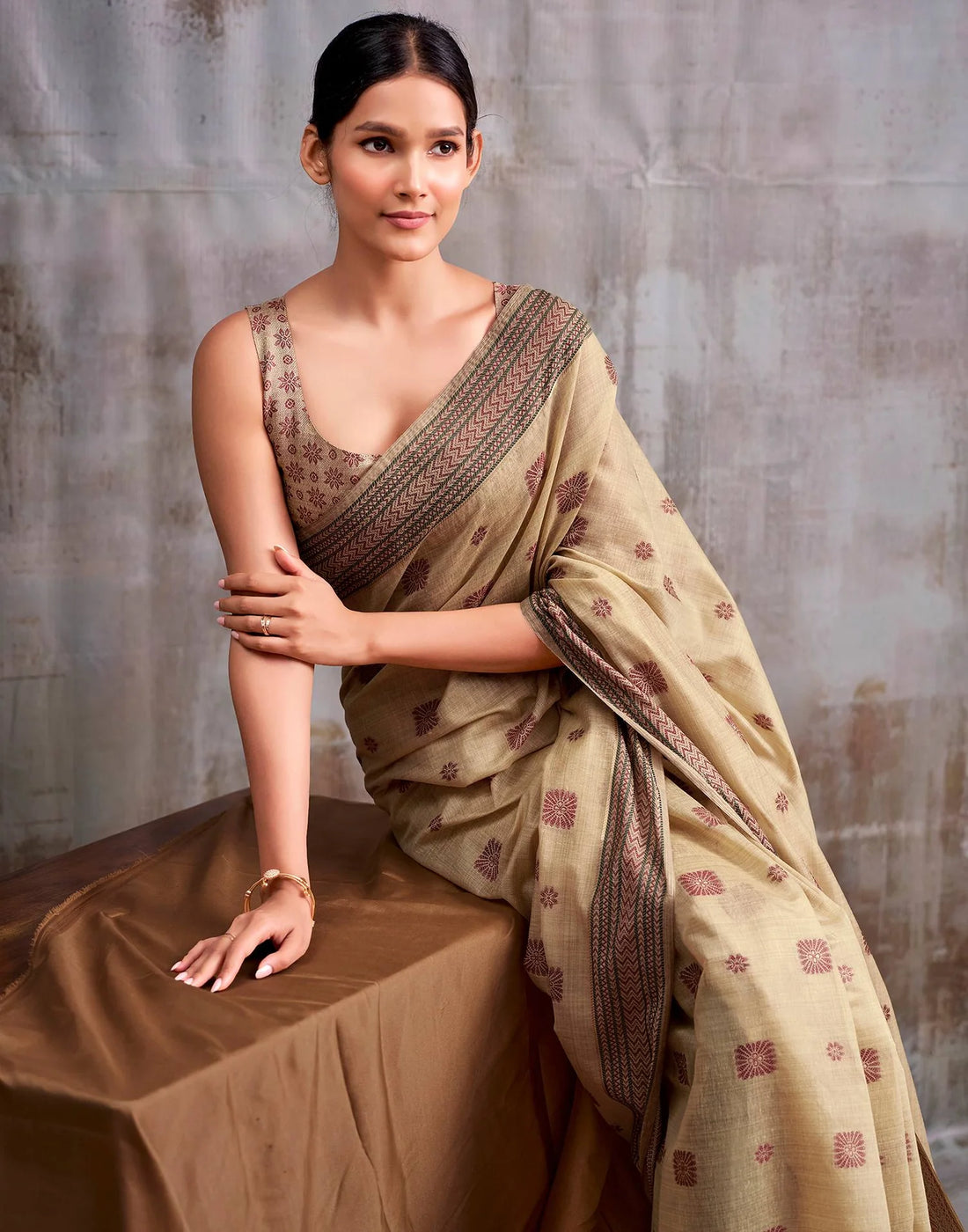 Faddism Beige Kumud Modal Cotton Saree