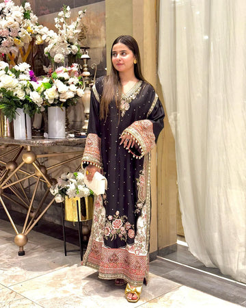Faddism LG-2144 Pakistani Style Star Silk Kurti Pant Dupatta Set with Sequence Embroidery