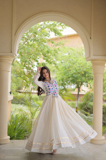 Faddism LW-9347 Kora Cotton Embroidered Gown with Gota Patti, Mirror & Kodi Lace Work