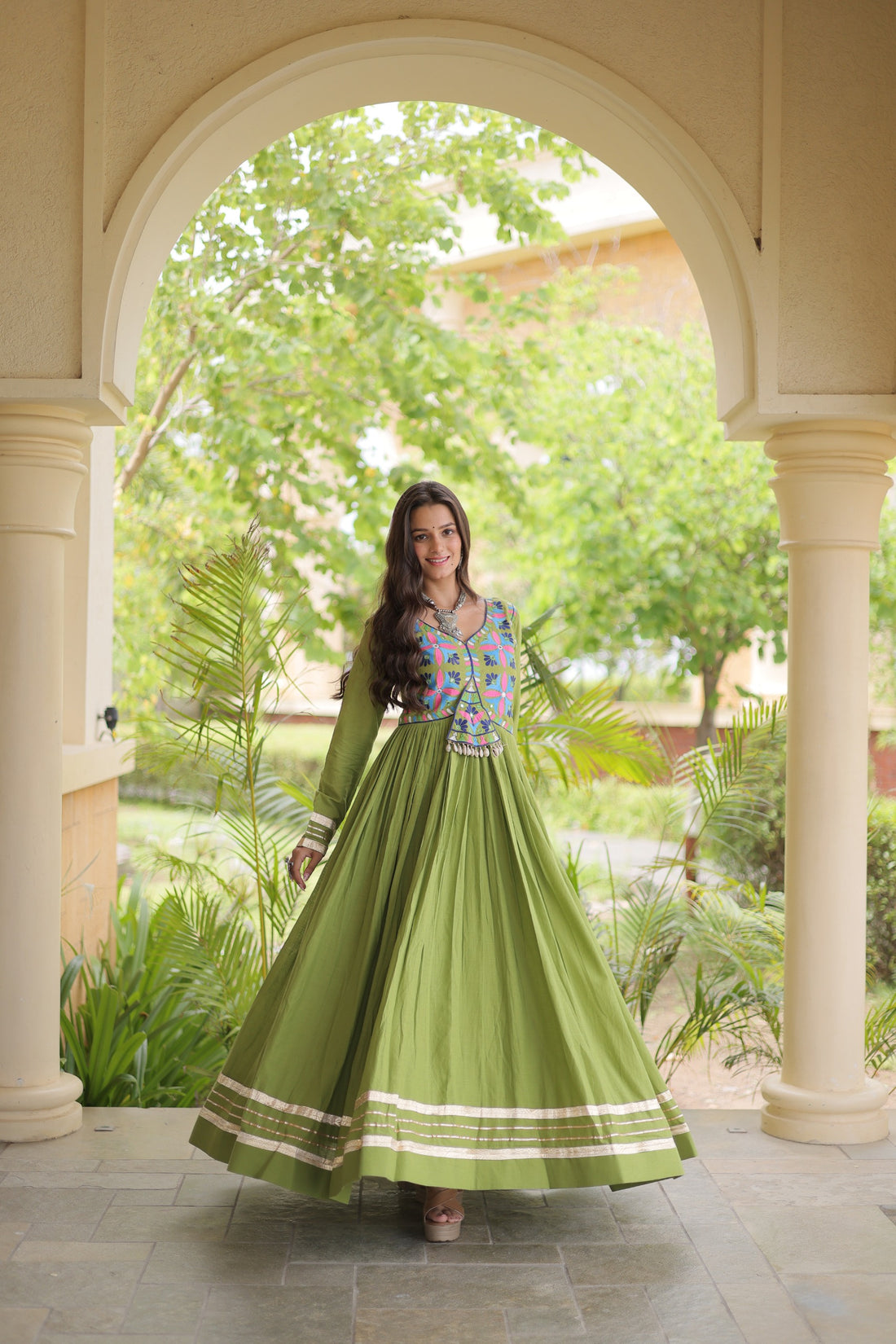 Faddism LW-9347 Kora Cotton Embroidered Gown with Gota Patti, Mirror & Kodi Lace Work