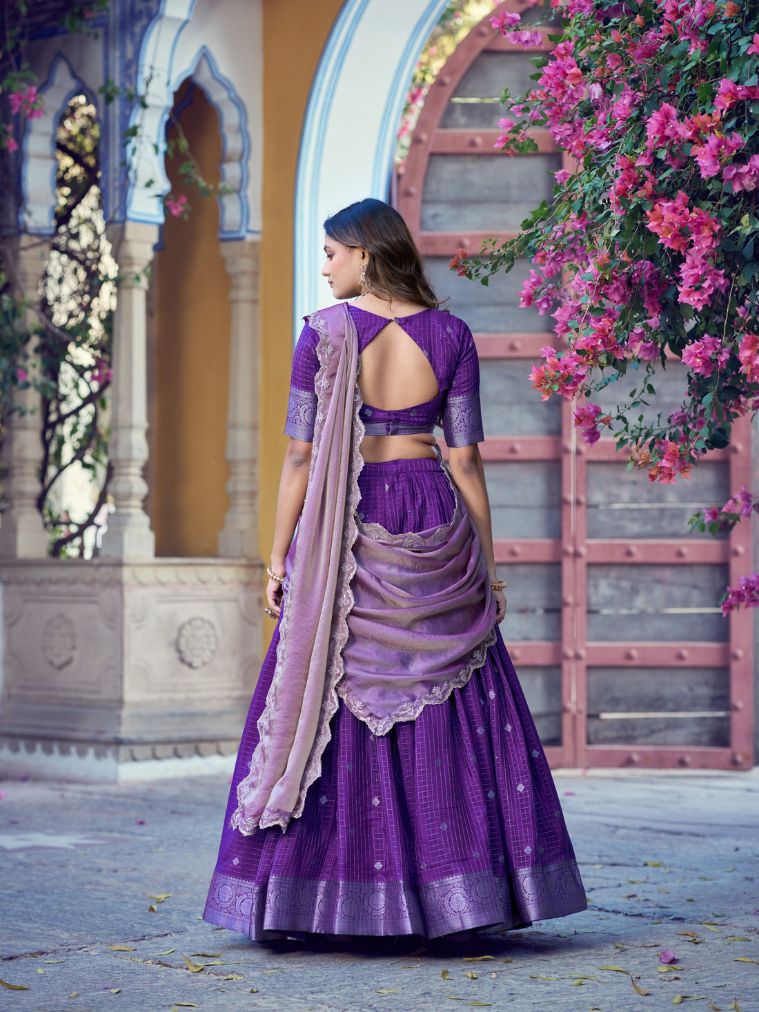 Faddism Langa Davani Chinon Checks Lehenga Set with Zari Weaving