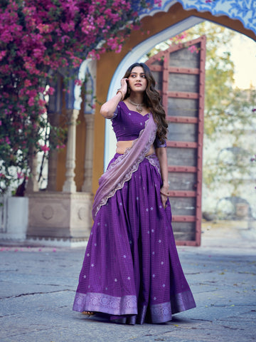 Faddism Langa Davani Chinon Checks Lehenga Set with Zari Weaving