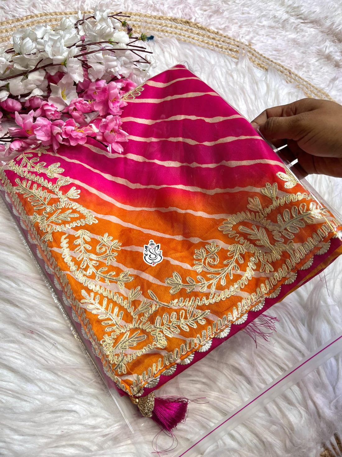 Faddism Chinon Silk Leheriya Saree with Gota Work & Designer Blouse