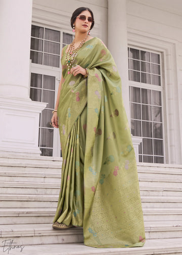 Faddism Light Green Koper Silk Kuraa Silk Saree