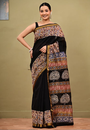 Hand Block Printed Maheshwari Silk Saree with Blouse