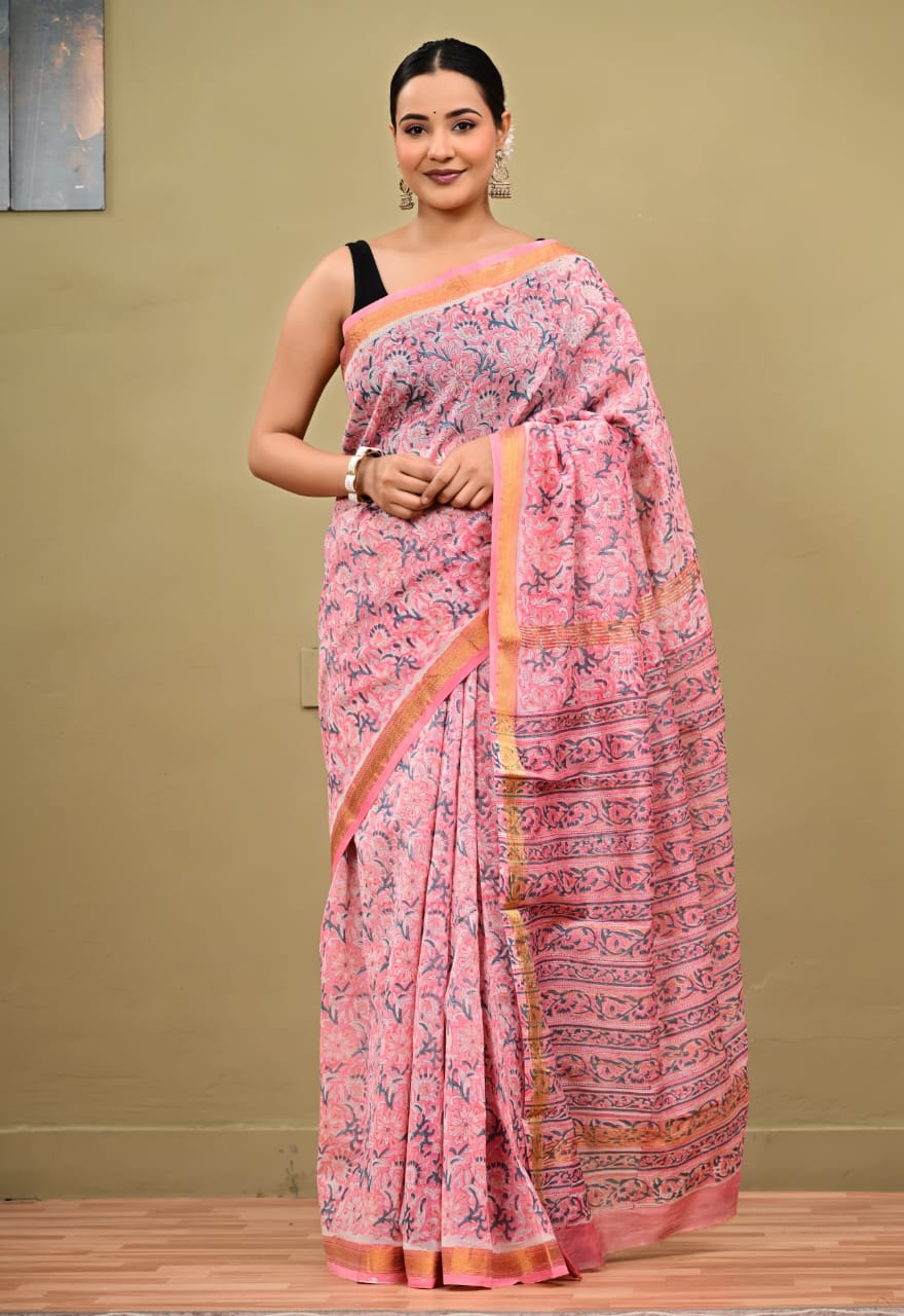 Hand Block Printed Maheshwari Silk Saree with Blouse