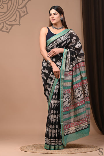 Hand Block Printed Maheshwari Silk Saree with Blouse