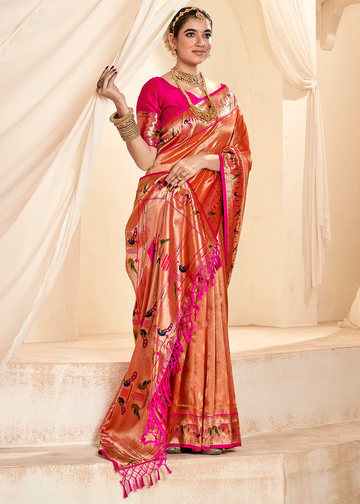 Faddism Mangalya Orange  Silk Paithani Tissue Silk Saree