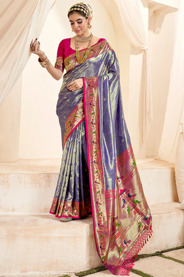 Faddism Mangalya Blue Silk Paithani Tissue Silk Saree