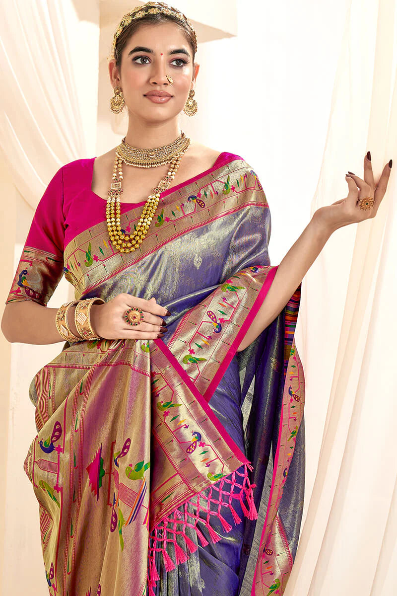 Faddism Mangalya Blue Silk Paithani Tissue Silk Saree