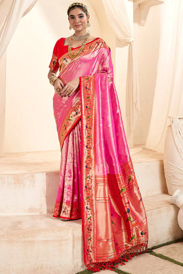 Faddism Mangalya Pink Silk Paithani Tissue Silk Saree