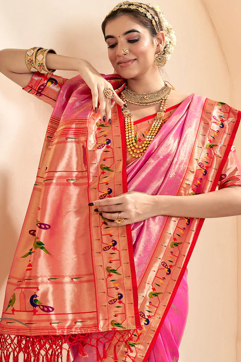 Faddism Mangalya Pink Silk Paithani Tissue Silk Saree