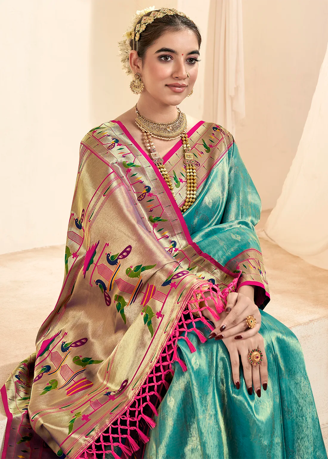 Faddism Mangalya Turquoise Silk Paithani Tissue Silk Saree