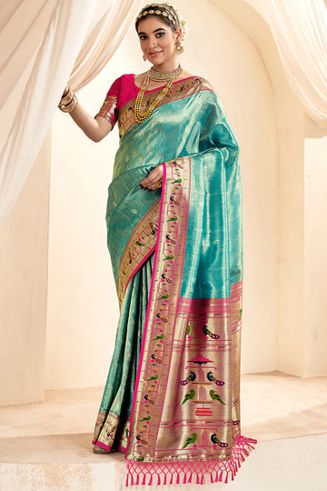Faddism Mangalya Turquoise Silk Paithani Tissue Silk Saree